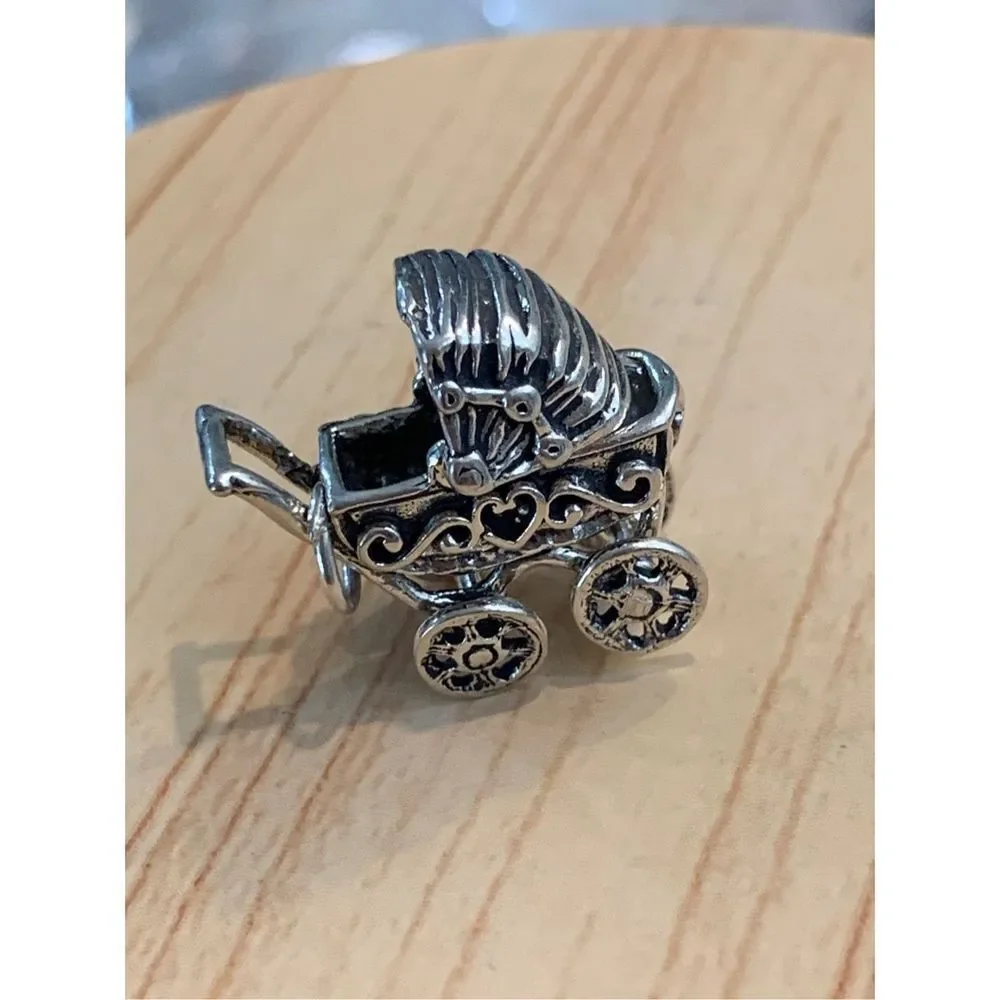 .925 Vintage Baby Carriage Moveable Sterling Silver Jewelry Charm